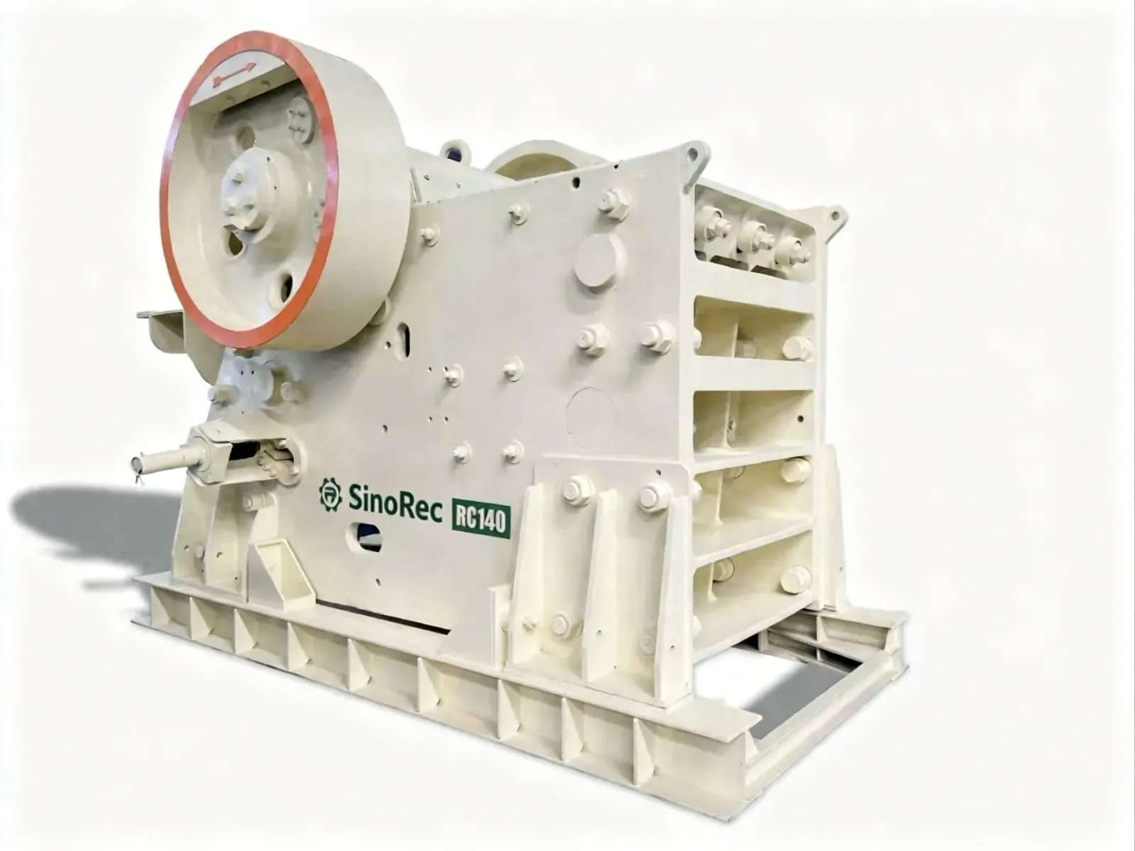 RC140 jaw crusher with cast steel frame, forged main shaft and reversible jaw plates